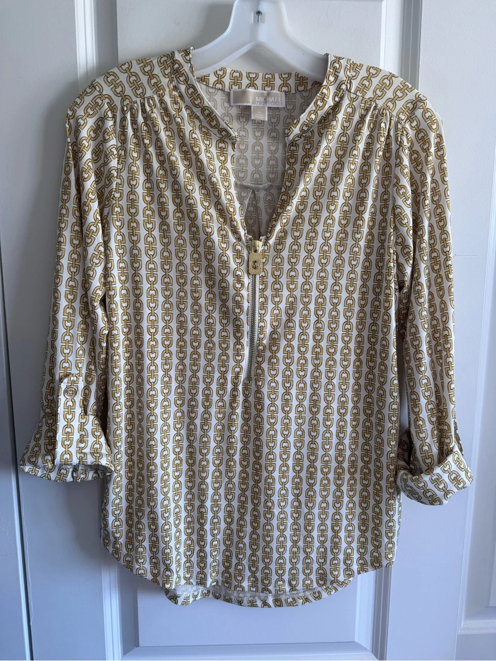 Michael Kors Cream Blouse with Gold Chain-Link equestrian-inspired print